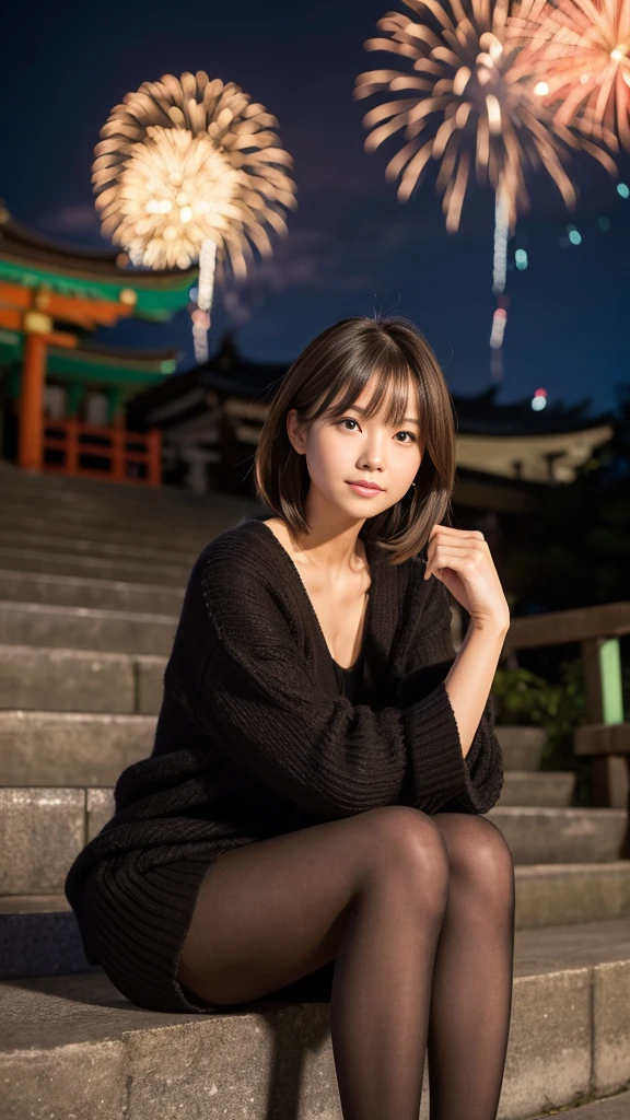 A woman in her 40s sits on the steps of a shrine on the day of the fireworks festival, Attractive pose, All-through pantyhose, wearing a black sweater, Casual pose, Long-hemmed yukata, Shot with Canon EOS 5D mark iv, Thoughtful pose, Shot with Canon EOS 5D, Woman posing, Short Hair, Wearing a yukata, Cute young woman, Brown Hair、Fireworks are going off、Shrine at night