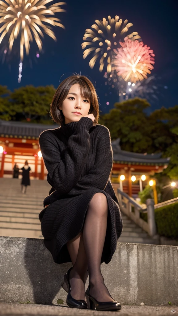 A woman in her 40s sits on the steps of a shrine on the day of the fireworks festival, Attractive pose, All-through pantyhose, wearing a black sweater, Casual pose, Long-hemmed yukata, Shot with Canon EOS 5D mark iv, Thoughtful pose, Shot with Canon EOS 5D, Woman posing, Short Hair, Wearing a yukata, Cute young woman, Brown Hair、Fireworks are going off、Shrine at night