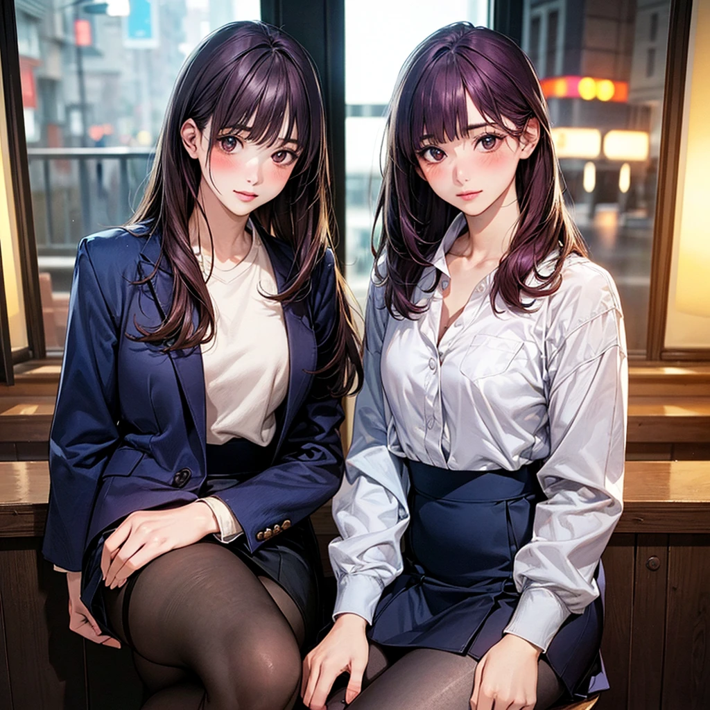 (masterpiece:1.2, Highest quality), (Realistic, photoRealistic:1.4), Beautiful illustrations, (Natural Side Lighting, Cinema Lighting), Surrealism,
View your viewers, 1 person, Japanese, 22 years old, , Perfect Face, Cute and symmetrical face, , Glowing Skin,
(Long Hair:1.8, Straight hair:1.7, Hair Intake, Purple Hair), Blunt bangs, Chestnut brown eyes, Big eyes, Slanted Eyes, Long eyelashes, (Medium chest, Thick thighs),
Beautiful Hair, Beautiful Face, Beautiful attention to detail, beautiful clavicle, Beautiful body, Beautiful breasts, Beautiful thighs, Beautiful feet, Beautiful fingers,
((Navy jacket, close the jacket, Navy Tight Skirt, White collared shirt), Black Pantyhose), clavicle,
(Beautiful views), evening, (bar:1.2, Chair), , (Raise your eyebrows, Nervous, blush),