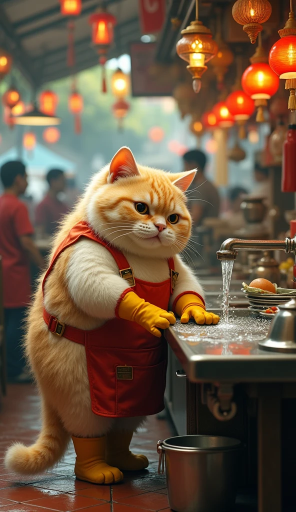 A cute, chubby cat with thick, fluffy fur is washing dishes in a lively Indonesian restaurant. The cat stands in front of a sink with water flowing from the faucet, with a bucket placed underneath. The cat is dressed in rubber gloves, boots, and an apron, looking adorably determined as it goes about its task amidst the bustling, crowded atmosphere of the restaurant.