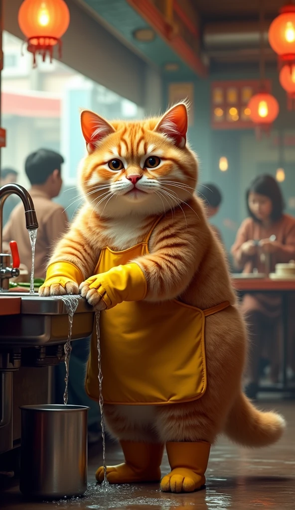 A cute, chubby cat with thick, fluffy fur is washing dishes in a lively Indonesian restaurant. The cat stands in front of a sink with water flowing from the faucet, with a bucket placed underneath. The cat is dressed in rubber gloves, boots, and an apron, looking adorably determined as it goes about its task amidst the bustling, crowded atmosphere of the restaurant.