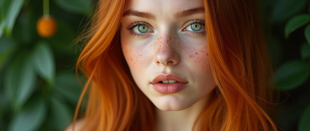 *Description for AI image:**
- An extremely beautiful woman, with long, straight hair that reaches her hips. Naturalmente light red hair, more towards light orange.
- Hair, eyebrows and eyelashes are the same color as the hair, light red hair. Emerald green eyes.
- Your face has the features of a goddess, including a thin, symmetrical nose, like a rhinoplasty. Between 23 and 26 years old.
- With freckles scattered across his face, neck and clavicle. Velvet mouth, Naturally thick and pink lips. The body is curvy, following the Brazilian beauty standard, with defined curves and proportional.