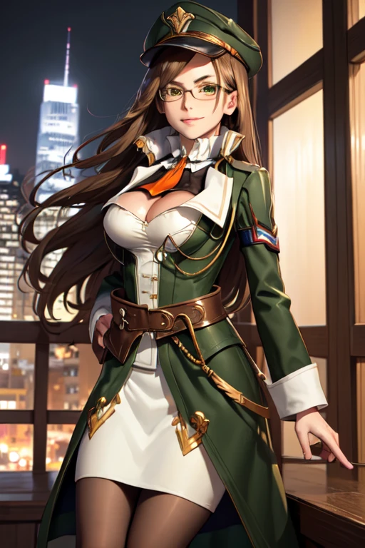 masterpiece, best quality, Jihl Nabaat, glasses, green coat, orange ascot, belt, white skirt, pantyhose,  green peaked cap, large breasts, upper body, looking at viewer, furrowed brow, smile, night, cityscape