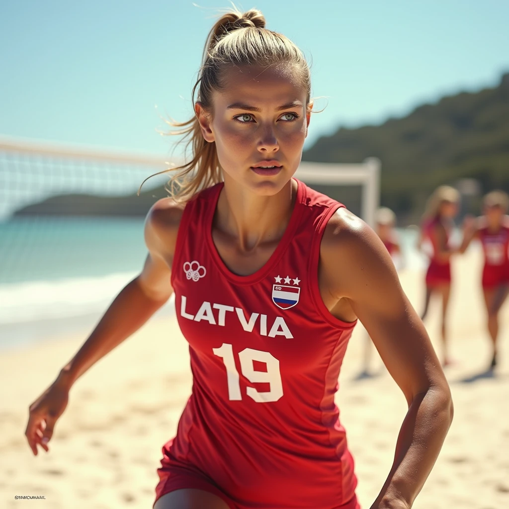 Tina Graudina, beach volleyball player, sweating, wearing latvia olympic uniform
