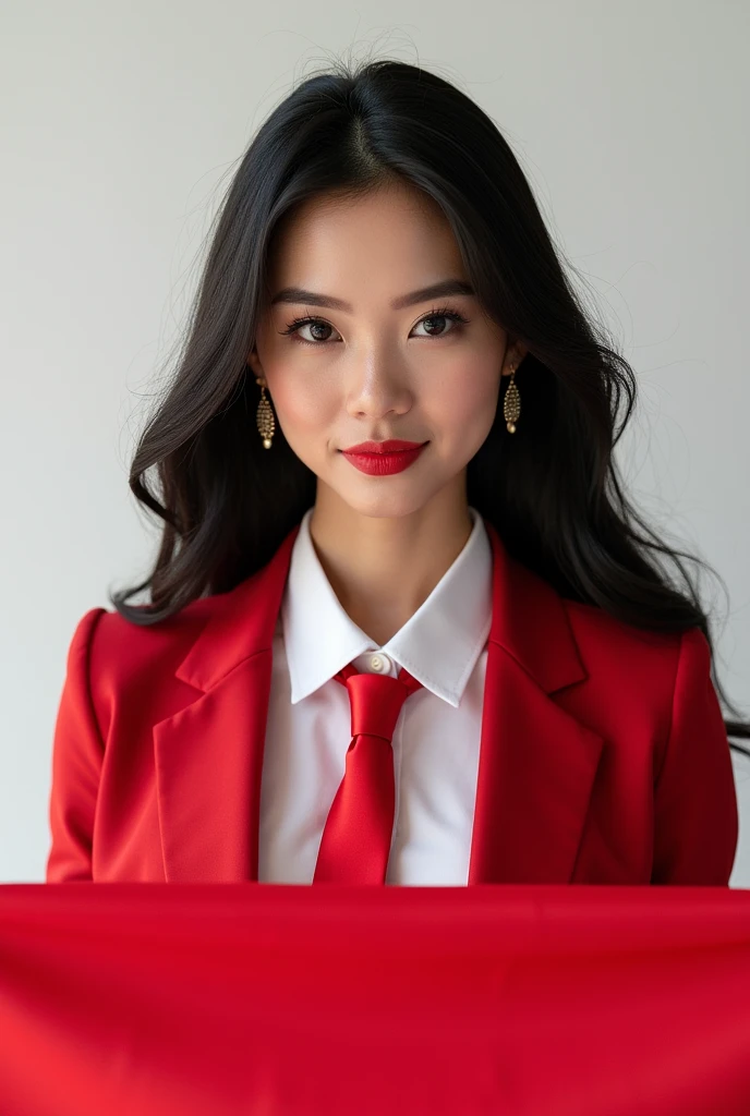 Portrait, Beauty Woman, Long Hair, Black Hair, Hold Indonesian Flag, Shirt white, Focus Camera, Earring, Blazer Red, Tie Red, White Background