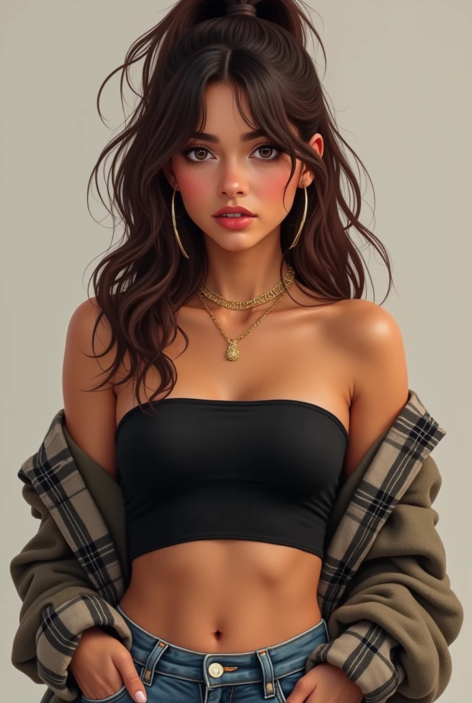 brown mexican girl with hazel eyes and brown hair. wearing a black tube top, a flannel, jean shorts, gold jewelry, wavy hair in a high pony tail with curtain bangs.