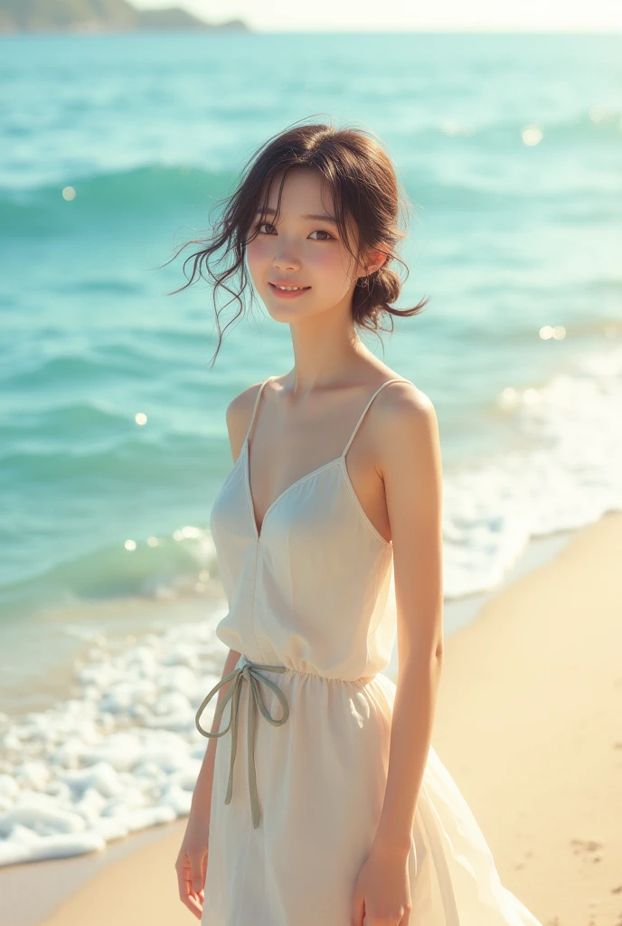 "20-year-old Japanese woman, standing on the beach, wearing light summer clothes, ocean waves in the background, sandy shore, sunny day, gentle breeze blowing through her hair, natural smile, soft sunlight reflecting off the water, serene and peaceful atmosphere"