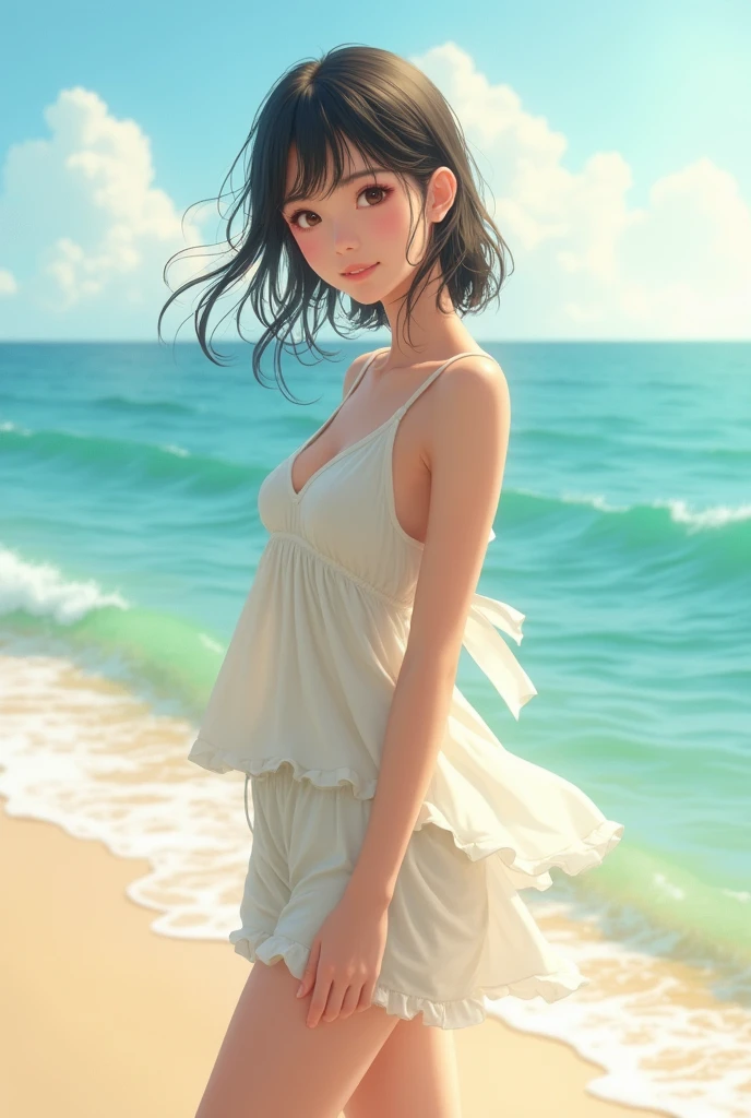 "20-year-old Japanese woman, standing on the beach, wearing light summer clothes, ocean waves in the background, sandy shore, sunny day, gentle breeze blowing through her hair, natural smile, soft sunlight reflecting off the water, serene and peaceful atmosphere"