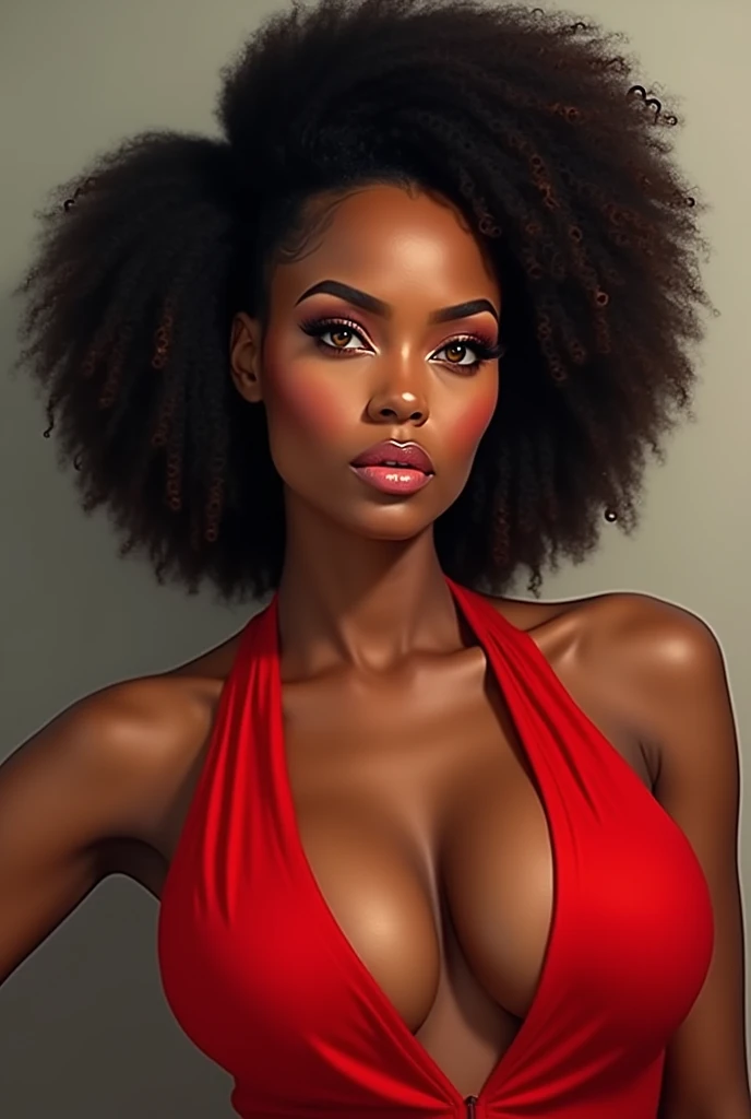mature african girl, looking like alician keys, big , super massive breasts, light pink lips, orange eyes, red halter top