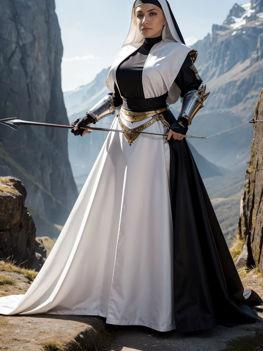 (masterpiece, top quality, best quality, official art, beautiful and aesthetic:1.2), (1girl:1.3), ((Sharp facial features, sharp features, hawkish features)), ((grey eyes)), busty paladin knight girl, extremely detailed, portrait, looking at viewer, solo, (full body:0.6), detailed background, full-body shot, (cold mountain nighttime glacier theme:1.1), holy knight, (nun), charlatan, smirk, mysterious, swaying in mountains, armor, polished metal, gold trim, long boots, white fabric, pelvic curtain, robe, pale leather, ((((nun, crossbow, heavy armor, armored, long legs, robes, prayer scrolls, toned, muscular)))), slim waist, slim hips, long legs, medieval (mountain exterior:1.1) background, dark mysterious lighting, shadows, magical atmosphere, dutch angle