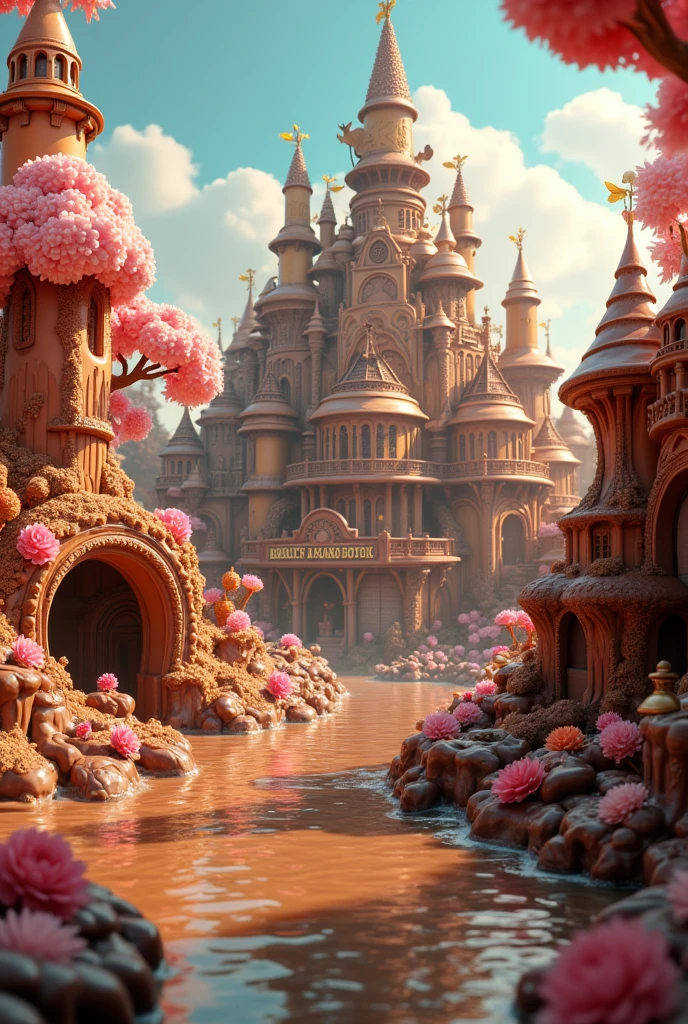 Tilt shift photography a magical chocolate theme park, detailed chocolate river, golden chocolate factory, (best quality,4k,8k,highres,masterpiece:1.2),ultra-detailed,(realistic,photorealistic,photo-realistic:1.37),fantastical architecture, whimsical characters, decadent chocolate desserts, (vibrant colors:1.2),warm lighting, dreamlike landscape, (enchanting atmosphere:1.1),lush greenery, (intricate details:1.1),chocolate waterfalls, candy cane trees, (mouth-watering textures:1.2),candy floss clouds, (delectable sweets:1.2),surreal imagination