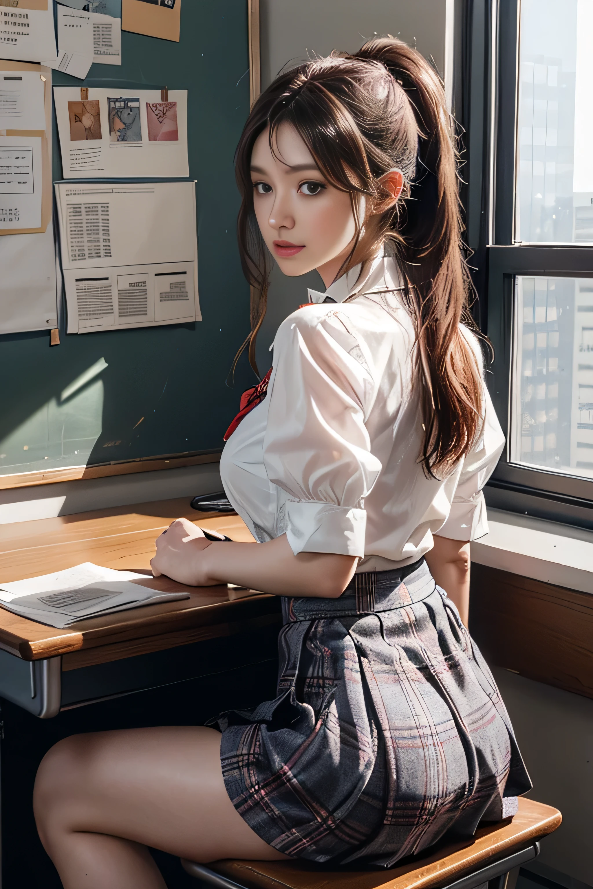 Realistic, High resolution, Soft Light,1 Female, alone, (Detailed face),(Female student), jewelry, ((sitting at a desk in the classroom))，((Hair with blue mesh))、((TranslucentWet、White blouse、Loose red bow tie、Check skirt))、style，(Medium sized breasts), Long Hair、((ponytail))、((Rear-up skirt))、((mix４))、((Colorful colored hair)),((Underwear is visible)),((She&#39;s wet)),