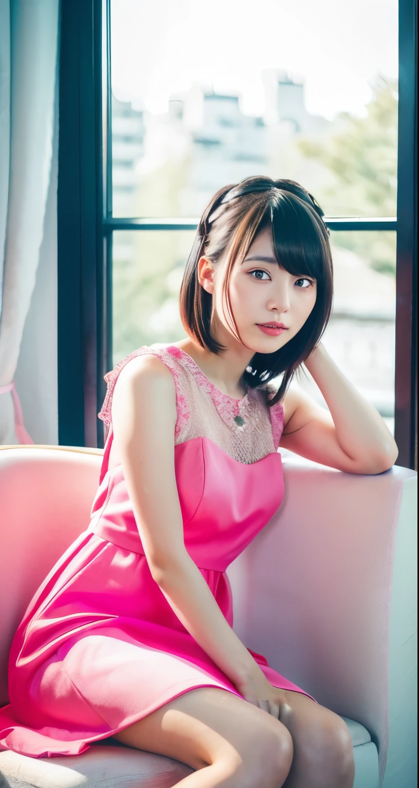 there is a woman sitting on a chair in a pink dress, Chiho, Yoshitomo Nara, harumi, Yasumoto Oka, yuuka kazami, shiori teshirogi, sakimichan hdri, ayami kojima amano, yukii morita, sakimichan, shikamimi