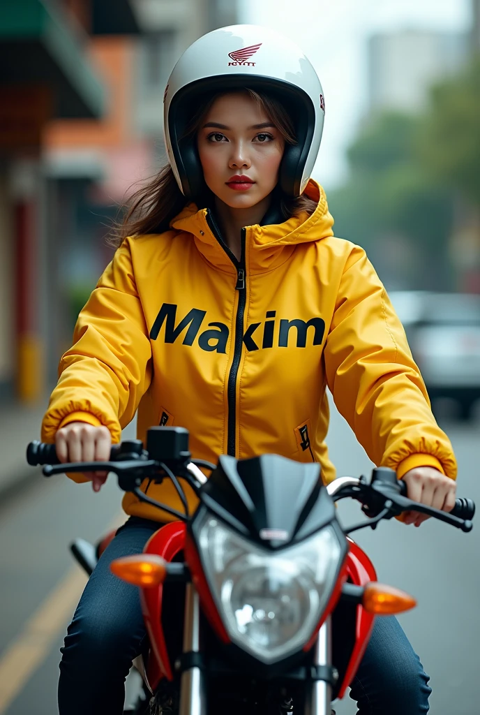Pria Indonesia, muscular build, height 160cm, riding a Honda beat motorcycle, yellow jacket with Maxim written on it, wearing a white KYT Kyoto helmet, roadside background.