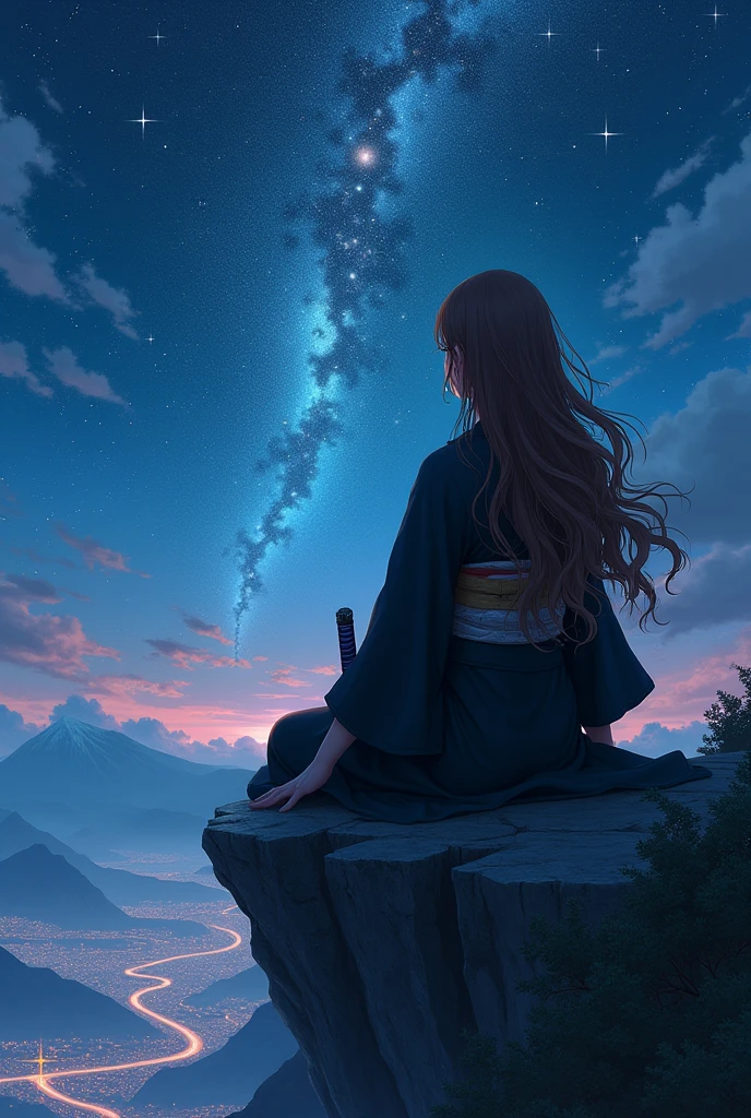 sky full of stars, a women, sit on cliff of high mountain, facing backwards, wavy long brown thick hair, wearing black yukata kimono with a sword, looking down the city
