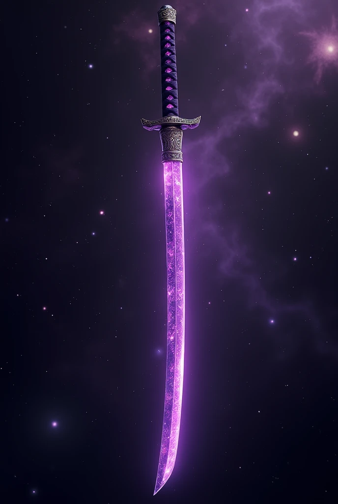 A Japanese single-edged katana, incredibly powerful, with a blade of brilliant purple diamond, slicing through the air in the middle of the universe..