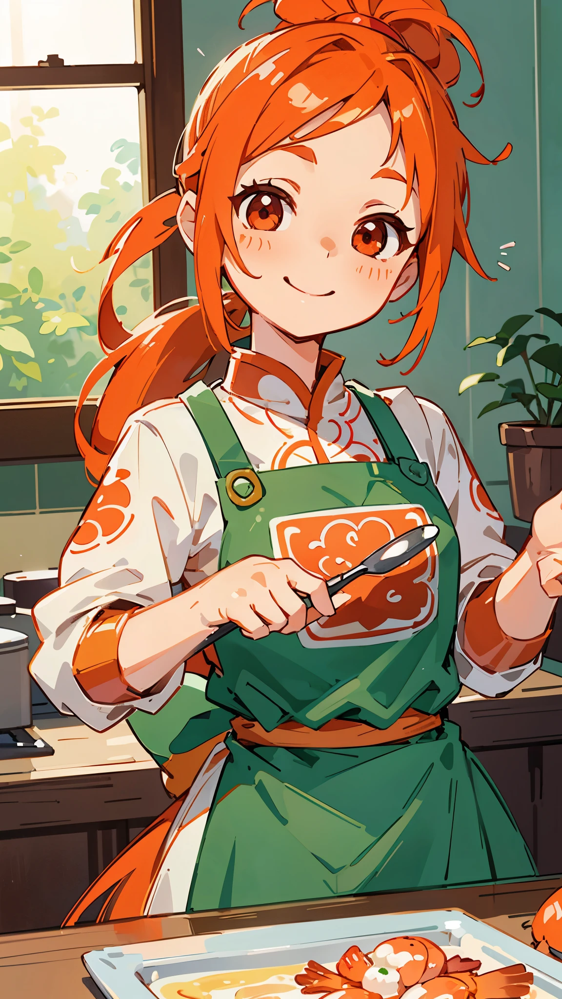 1 person、anime絵画、Cute shrimp woman cooking delicious food in the kitchen、(Bokeh) (Highest quality) (Detailed skin:1.3) (Intricate details) (anime)、Orange Hair、ponytail、Beautiful red eyes、Ukiuki、smile、From the side、Upper body close-up、fun、Ethnic patterned apron