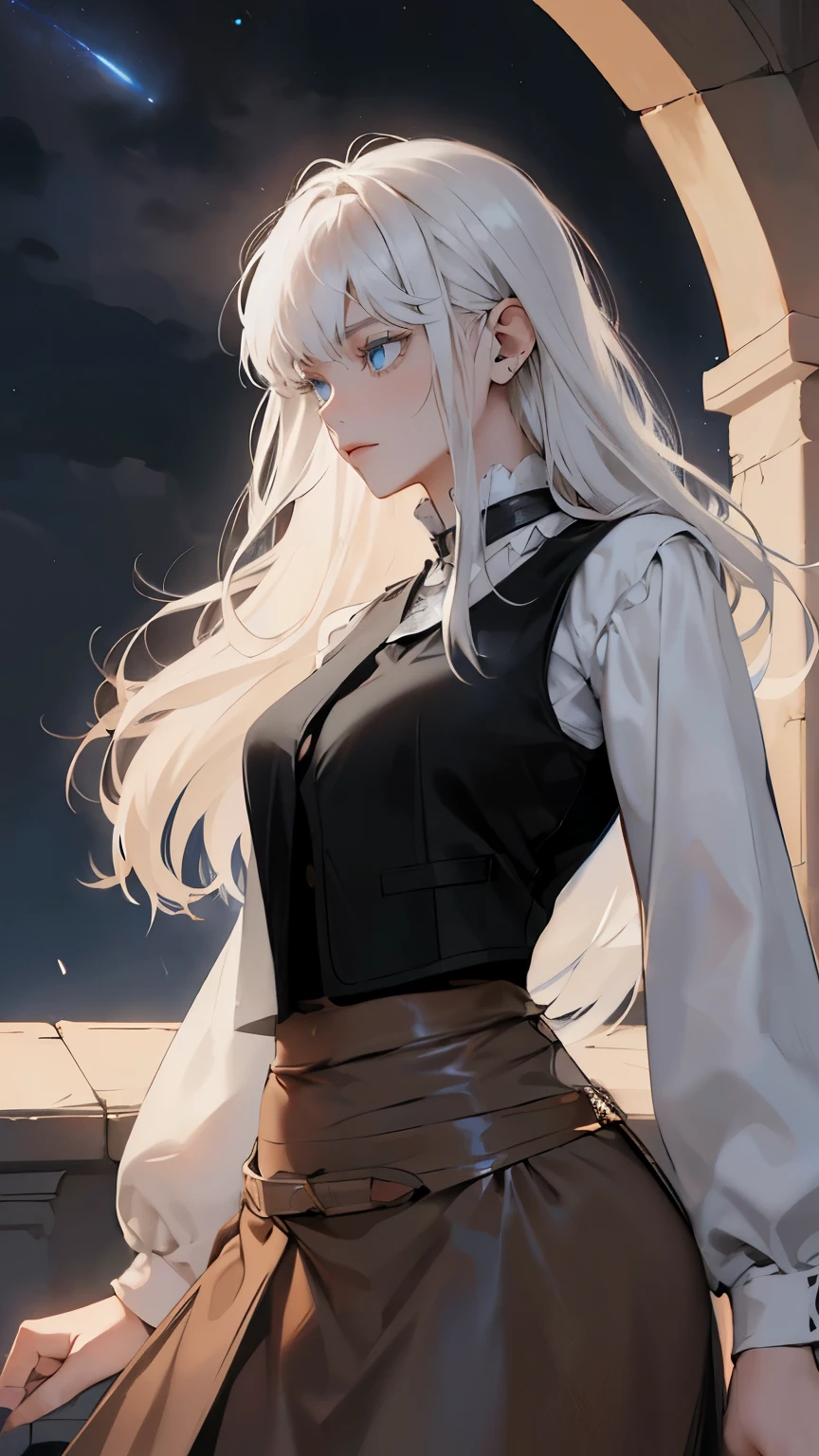 women, female, Alone, alone, by white, long loose rebellious hair, ((white pure hair)), crazy bangs, white eyebrows, white eyelashes, ((prominent blue eyes 9.0)), wearing a white shirt with a ((BLACK leather vest fitted)), Gray background, profile, character design image, high quality, 4k resolution, paint, elegant, clothing of the middle ages, noble medieval, beautiful, long brown skirt, brown cloth belt, cintura beautiful, perfect body, femenine pose, interesting, night sky, stars, ((Tight clothing, loose sleeves)), Close up eyes