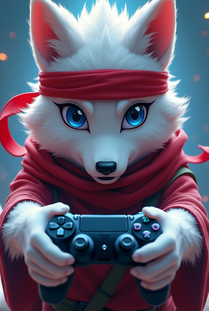 A young white animated wolf with blue eyes wearing a red ninja-like headband and in the background a fourth gamer from the neck up holding a PS4 controller