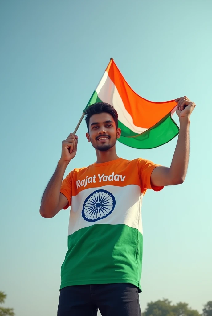 A 19 year boy wearing a t shirt of Colour of Indian flag and Rajat yadav name written on it holding Indian flag in hand. 