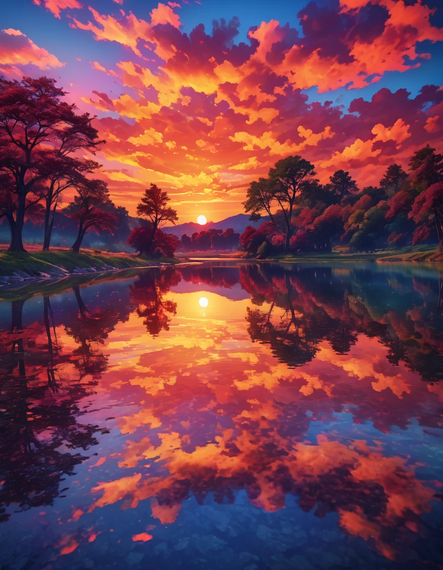 there is a beautiful sunset with a lake and trees in the background, colorful skies, surreal colors, colorful sunset, colorful sky, wonderful reflection of the sky, Stunning sky, dreamlike atmosphere 8k, colored clouds, colors reflected in the lake, surreal sky, Red and blue reflections., fire reflection, beautiful sky, beautiful and spectacular sunset, beautiful dreamlike landscape, amazing sky
