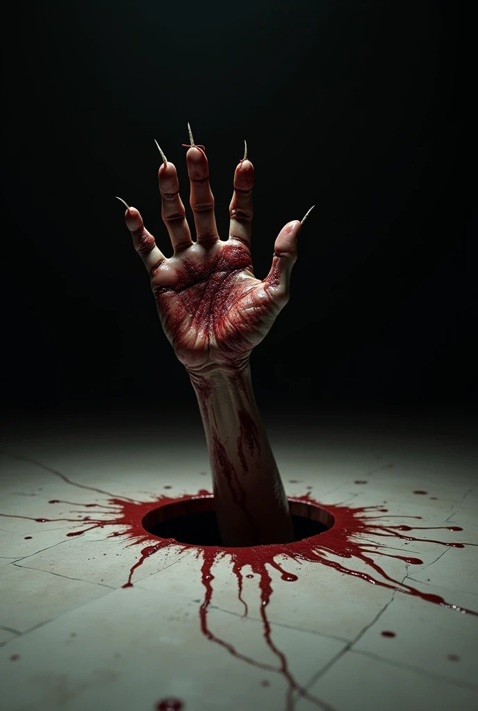 Create a horror image of a bloody human hand emerging from a ceramic floor, clutching at the ground, with the black background and a light illuminating it from above.


