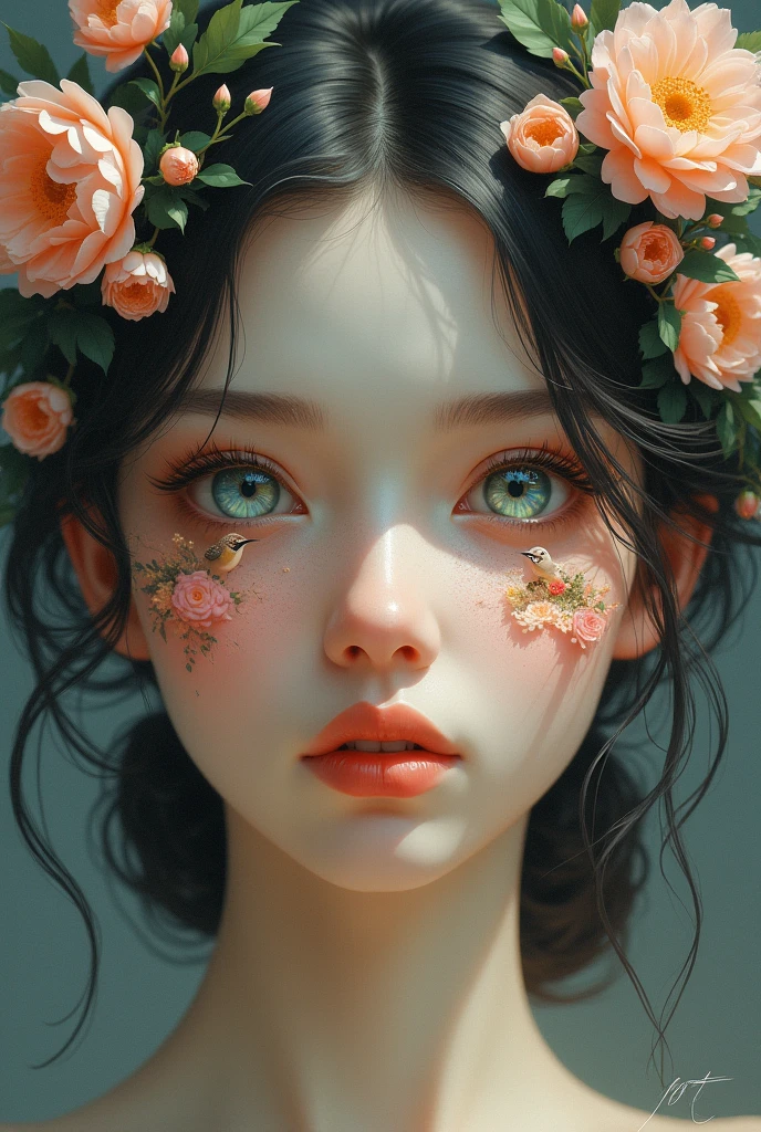half the product of a very beautiful woman with light eyes in which the iris contains images of a garden with flowers and birds. Behind the head flowers outlining the face. she taking off a mask as if it were a false identity