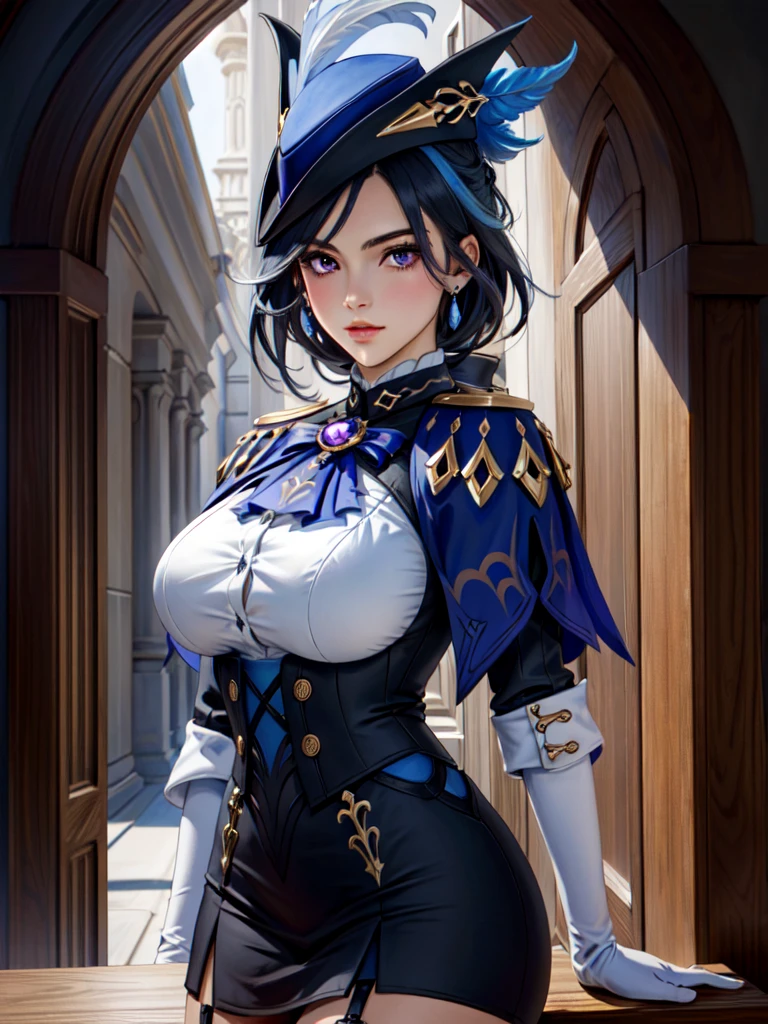 ((masterpiece)), ((best quality)), (ultra-detailed), absurdres, extremely detailed CG unity 8k wallpaper, Official Art, Accurate describe shapes, (realistic), beautiful face, detailed hands, expressive eyes, upper body, looking at viewer, solo, (standing, arm at side, serious:1.2), (indoors, scenery, dramatic light, illustration:1.1), (1girl, mature female, large breasts, curvy, wide hips, deep blue hair, purple eyes, long hair:1.4), (blue headwear, white gloves, black pantyhose, earrings, hat feather, garter strap, corset, epaulettes, long hair:1.3), , ((masterpiece)), absurdres, HDR, clorinde (genshin impact)