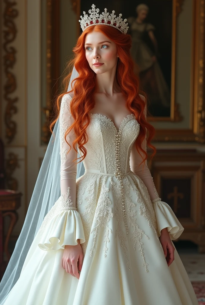 red-haired bride, full body with crown, in a princess cut dress, conservative,long sleeves, white with pearls,Lace and veil