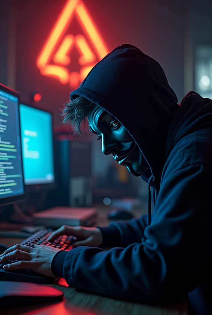 Hacker on his setup a 15 year old boy hacking with mask on his face  in his background aditya logo