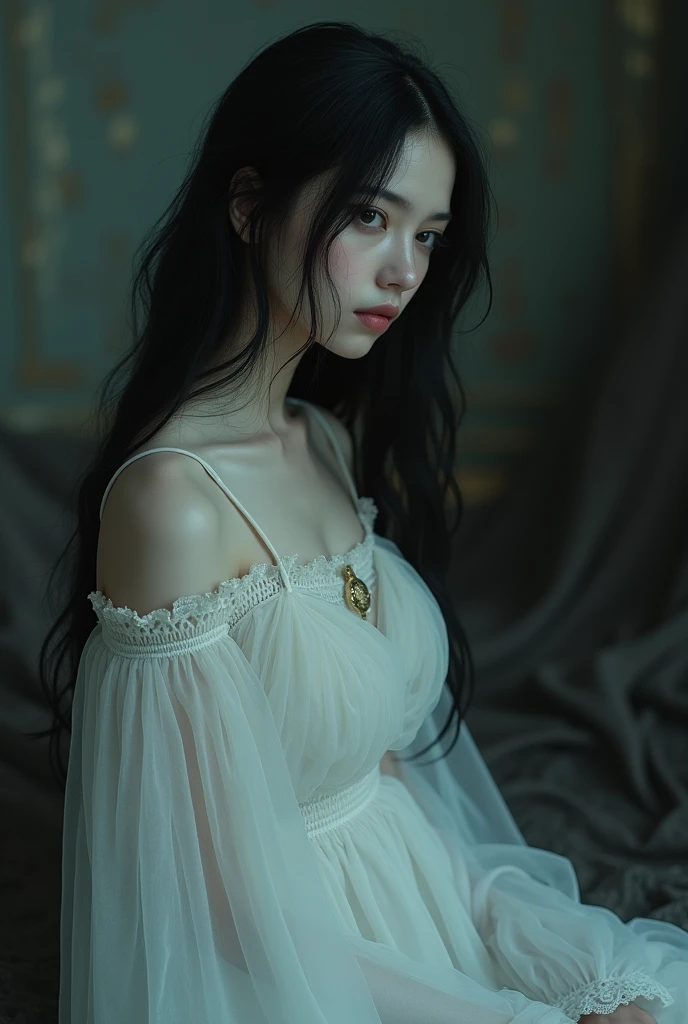 creates a girl between 27 and 35 Attractive in a gothic and melancholic sense, with a white dress that gives her a ghostly air. Her beauty is marked by sadness.