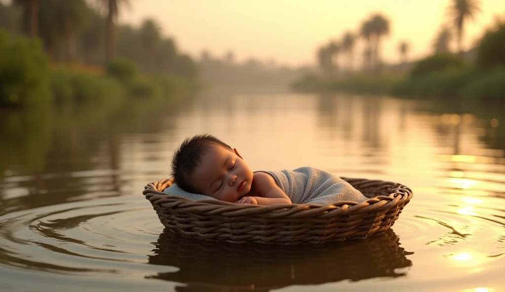 moises, still a newborn, inside the basket in the Nile River
