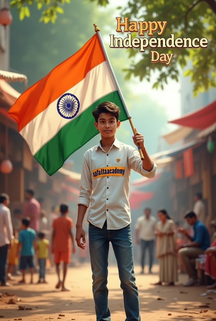 Create a realistic picture of a 20-year-old Indian boy leaning against a Jeep, holding the Indian flag with pride. The backdrop features a bustling Indian bazaar with people shopping, children playing cricket, and a group of elders sitting under a tree enjoying tea. The boy is wearing jeans and a white shirt with 'safaltaacademy’ written on it, and the text ‘Happy Independence Day’ is displayed in 3D at the top.”