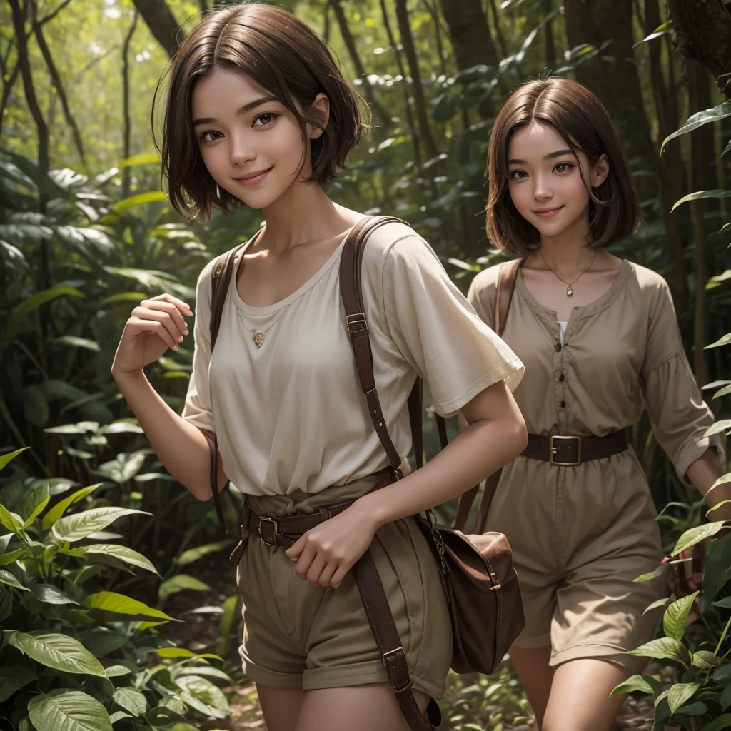 "A medieval-style female character. She has a youthful appearance and appears to be in her late teens, but is in fact 30 years old. The focus is on a close-up of her face, smiling happily, with a bright, lively attitude and an energetic, cheerful expression. Her face has an androgynous, almost boyish feel, with soft, youthful features. Her hair is short and a natural brown colour. She is slender, with a small chest and short stature. Her outfit is practical and resembles that of a country boy, consisting of shorts and a simple shirt or tunic, in a natural earth colour palette. The background is blurred with a lush forest."
