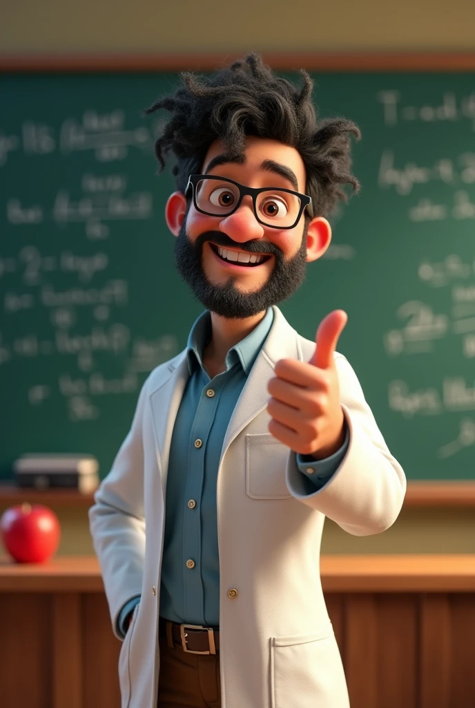 Male adult math teacher between 30 and 35 years old with a patchy, short beard on his face, messy black curly hair, and glasses., large nose, lateral position looking forward, leaning forward looking towards the front camera making a positive with the thumb, standing in front of the blackboard wearing a white lab coat and an apple on his desk in the Pixar animation style