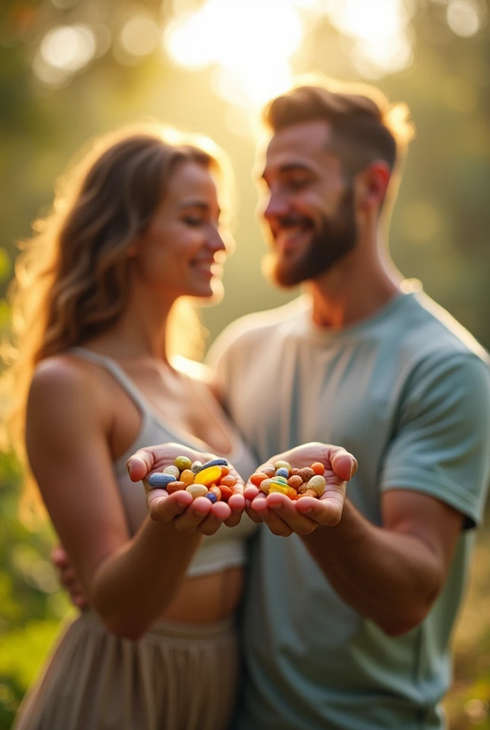 Healthy and well-being, woman and man with vitamin in hand