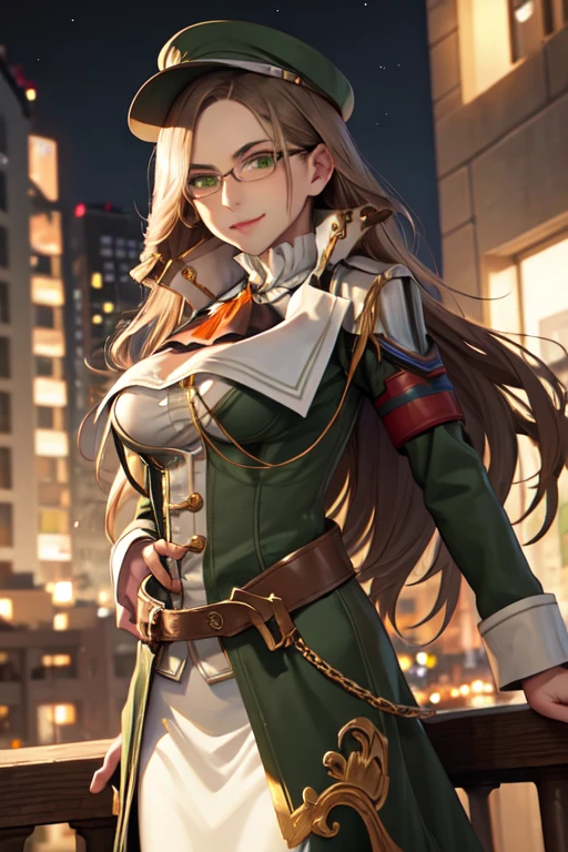 masterpiece, best quality, Jihl Nabaat, glasses, green coat, orange ascot, belt, white skirt, pantyhose,  green peaked cap, large breasts, upper body, looking at viewer, furrowed brow, smile, night, cityscape