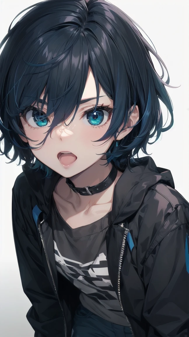 Close-up of a manga girl with blue hair and a yellow shirt, 2D Animation, 2D Animation style, 2D Art, 2D Art, 2D from Gorillaz, 2D from Gorillaz, 2D Gorillaz, Screaming Cerket, 2D Sprite, Jinx Face, short hair, Small breasts, hot pants, ((Black Hair, Inner bright blue hair:1.4))