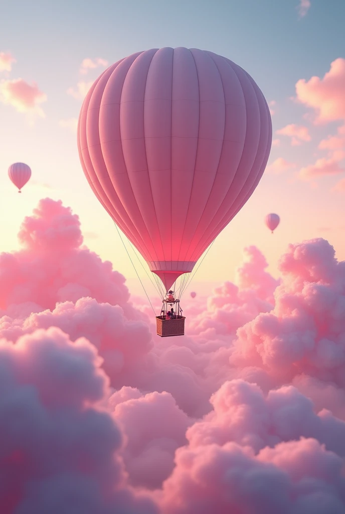 a beautiful pink cotton candy cloud,tilt shift photography,hot air balloon floating in the sky,atmospheric lighting,dramatic lighting,glowing sunset,dreamlike scene,pastel colors,vivid colors,cinematic composition,striking angles,detailed textures,ultra-realistic,highly detailed,8k,photorealistic,masterpiece