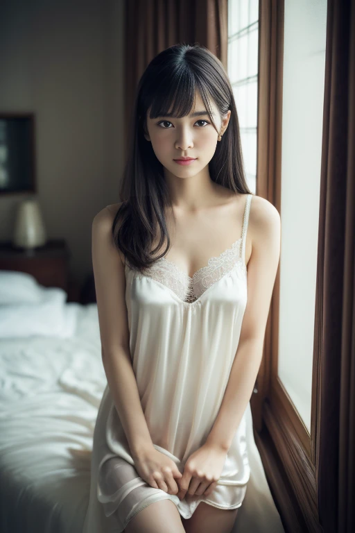 best quality, (masterpiece:1.2), illustration, ridiculous, (1 girl, solitary. Wearing a white silk nightgown. Dreamy deep purple), (Beautiful and delicate girl), ((Upper Body, portrait) ), Very delicate and beautiful, wonderful, Highly detailed CG Unity 8k wallpaper, Very detailed, high resolution, Light,柔Light, Beautiful and delicate girl, Very detailed的眼睛和脸, Beautifully detailed nose, Beautiful and delicate eyes,((lExposing underwear,Camel toe,Lift your nightgown,Lace)), hair,Black Hair, black eyes, Medium breasts, Crystal Earrings, , Perfect anatomical structure, fit, Looking at the audience, Elegant bedroom decor, night, , Dark curtains cover the windows,