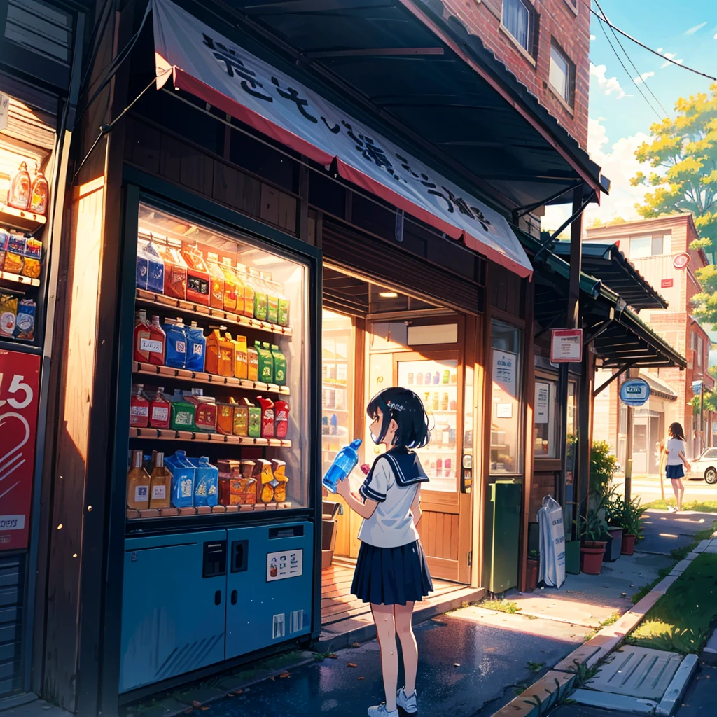 (finely best quality illustration:1.2), kawaii, (2 girls:1.4), (anime style, anime:1.2)
BREAK
(summer seifuku:1.2), sneakers, standing, profile, open mouth, angry, (holding a PET bottle:1.2)
BREAK
park, outdoor, magnificent view, (looking away:1.2), (dynamic angle:1.1)
BREAK
(vending machine:1.2), scenery, potted plant, storefront, (illustration:1.0), blue skirt
BREAK
showing anger, (sweat:1.3)