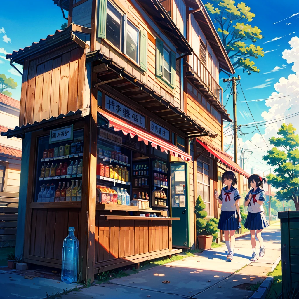 (finely best quality illustration:1.2), kawaii, (2 girls:1.4), (anime style, anime:1.2)
BREAK
(summer seifuku:1.2), sneakers, standing, profile, open mouth, angry, (holding a PET bottle:1.2)
BREAK
park, outdoor, magnificent view, (looking away:1.2), (dynamic angle:1.1)
BREAK
(vending machine:1.2), scenery, potted plant, storefront, (illustration:1.0), blue skirt
BREAK
showing anger, (sweat:1.3)