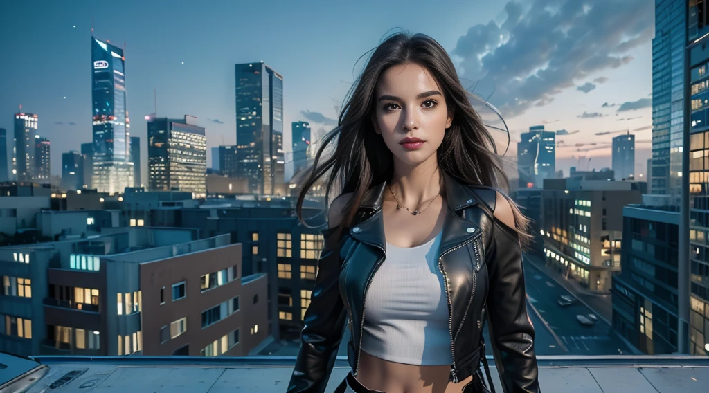 ((masterpiece, best quality, Highest image quality, high resolution, Reality, RAW photos, 8K)), Bustling future city night scene，Girl standing on the roof，Tight leather jacket，Off-shoulder，Large Breasts，Long hair，Pretty face，Closed mouth，dramatic，Upper Body，（midnight）