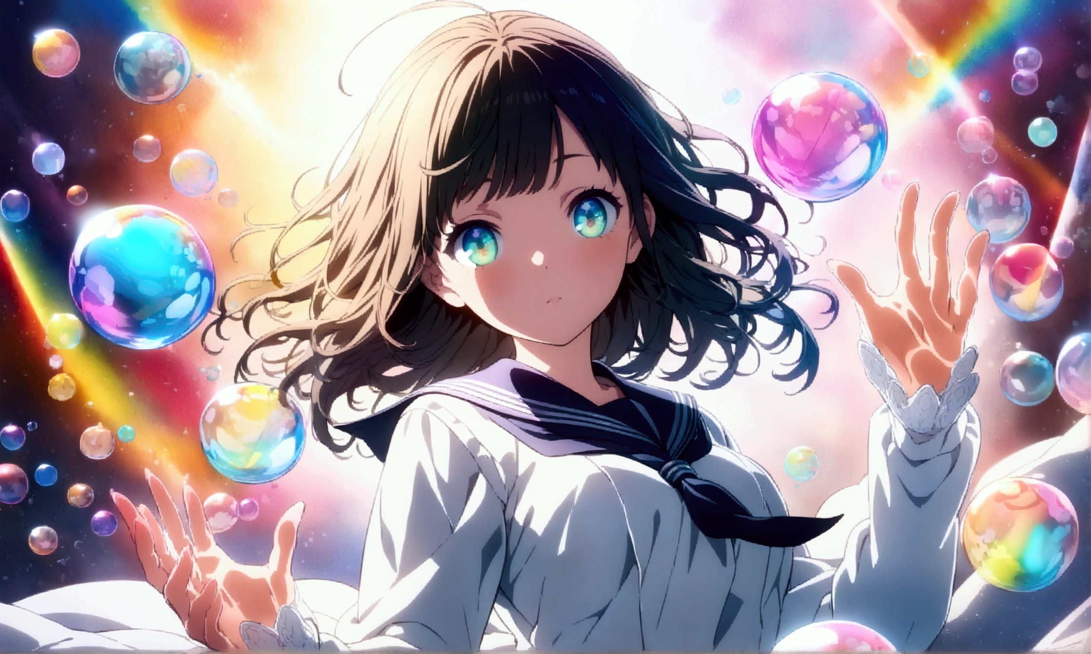(masterpiece), (best quality), (official art, extremely detailed CG unity 8k wallpaper), (highly detailed), ((absurdres)), 1girl, mid shot, (exquisite facial features),(serafuku:1.3) ((sfw)),((clear hands)), ((white thighhighs without shoes)),aqua eyes, color contact lenses, stars in the eyes, (((colorful bubble))), colourful glass, (album cover)
