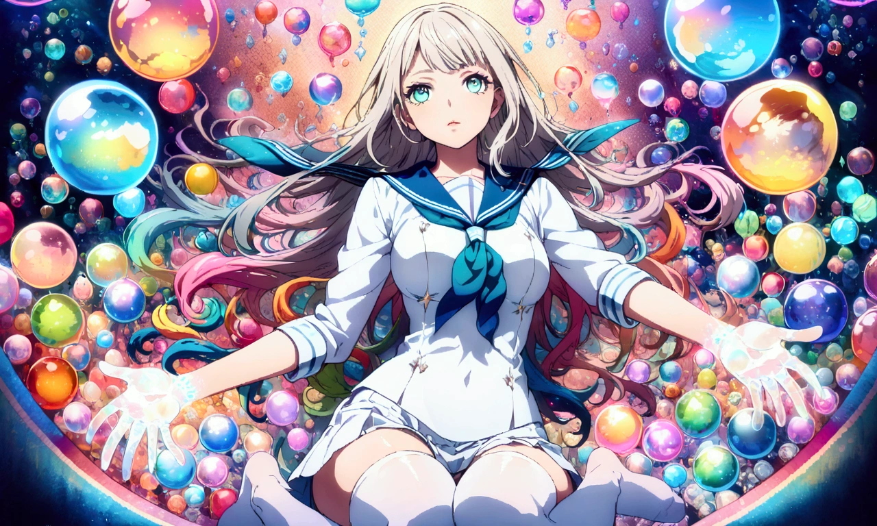 (masterpiece), (best quality), (official art, extremely detailed CG unity 8k wallpaper), (highly detailed), ((absurdres)), 1girl, mid shot, (exquisite facial features),(serafuku:1.3) ((sfw)),((clear hands)), ((white thighhighs without shoes)),aqua eyes, color contact lenses, stars in the eyes, (((colorful bubble))), colourful glass, (album cover)