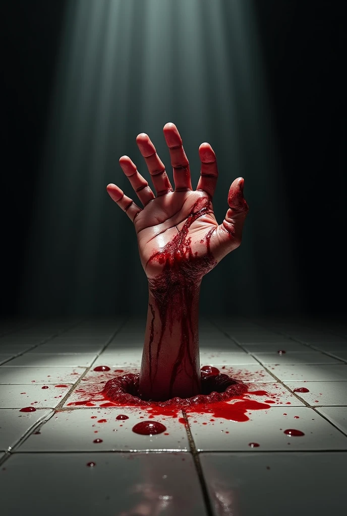Create a horror image of a bloody human hand emerging from a ceramic floor, clutching at the ground, with the black background and a light illuminating it from above.