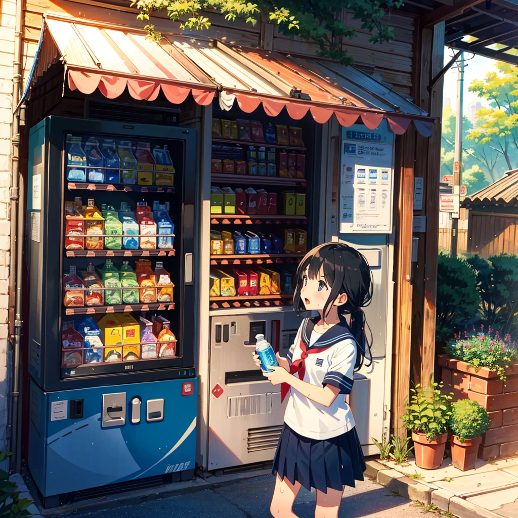 (finely best quality illustration:1.2), kawaii, (2 girls:1.4), (anime style, anime:1.2)
BREAK
(summer seifuku:1.2), sneakers, standing, profile, open mouth, angry, (holding a PET bottle:1.2)
BREAK
park, outdoor, magnificent view, (looking away:1.2), (dynamic angle:1.1)
BREAK
(vending machine:1.2), scenery, potted plant, storefront, (illustration:1.0), blue skirt
BREAK
showing anger, (sweat:1.3)