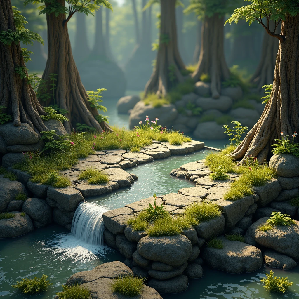 3D Model Games, Tribal style, Square land model with small flowing rocks, Ancient forest with rocks, Trees and mossy decaying wood, Flower and grass growth. Ready to Play.