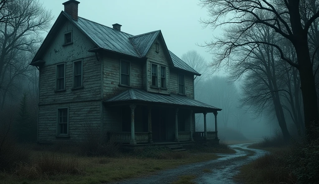 1. Old House in a Remote Village
- Scene 1: An old and creepy house that appears worn and frightening at the edge of the village, surrounded by lush and dark trees. The walls are cracked and the paint is peeling. This scene conveys a sense of silence and dread, emphasizing that this house has long been uninhabited.