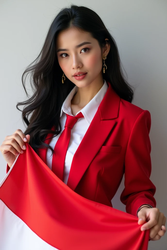 Portrait, Beauty Woman, Long Hair, Black Hair, Hold Indonesian Flag, Shirt white, Focus Camera, Earring, Blazer Red, Tie Red, White Background